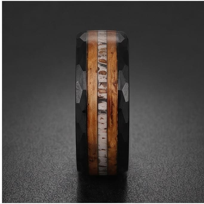 Charred whiskey barrel ring with antler, antler ring, hammered tungsten ring, hammered black ring, black tungsten ring, black