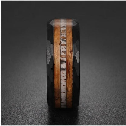 Charred whiskey barrel ring with antler, antler ring, hammered tungsten ring, hammered black ring, black tungsten ring, black