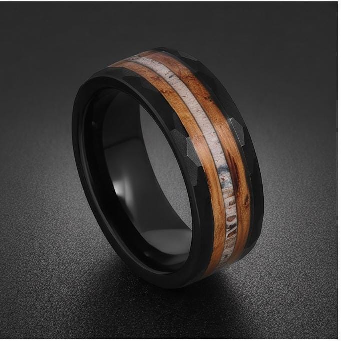 Charred whiskey barrel ring with antler, antler ring, hammered tungsten ring, hammered black ring, black tungsten ring, black