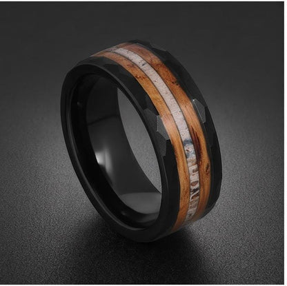 Charred whiskey barrel ring with antler, antler ring, hammered tungsten ring, hammered black ring, black tungsten ring, black
