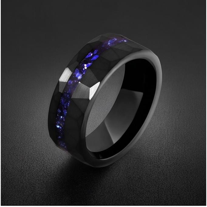 Black Sapphire Tungsten Ring | 8mm Hammered Mens Wedding Band ~ Sapphire Tungsten Carbide Ring - Black Sapphire Statement Jew