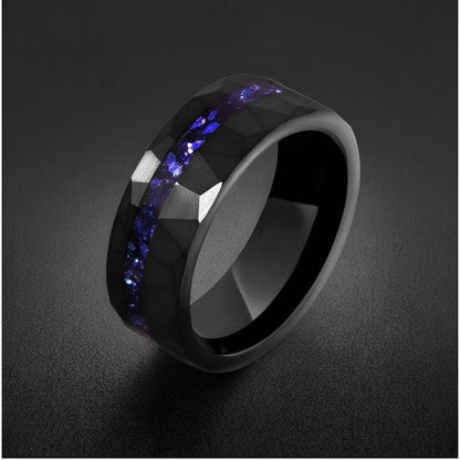 Black Sapphire Tungsten Ring | 8mm Hammered Mens Wedding Band ~ Sapphire Tungsten Carbide Ring - Black Sapphire Statement Jew