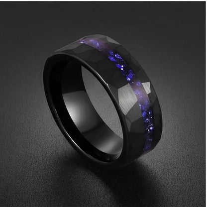 Black Sapphire Tungsten Ring | 8mm Hammered Mens Wedding Band ~ Sapphire Tungsten Carbide Ring - Black Sapphire Statement Jew