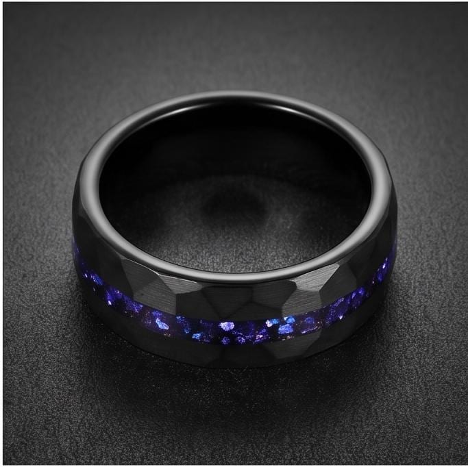 Black Sapphire Tungsten Ring | 8mm Hammered Mens Wedding Band ~ Sapphire Tungsten Carbide Ring - Black Sapphire Statement Jew
