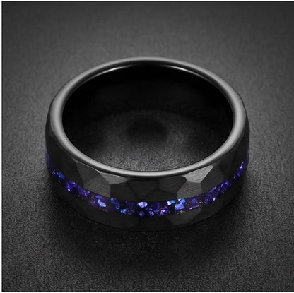Black Sapphire Tungsten Ring | 8mm Hammered Mens Wedding Band ~ Sapphire Tungsten Carbide Ring - Black Sapphire Statement Jew