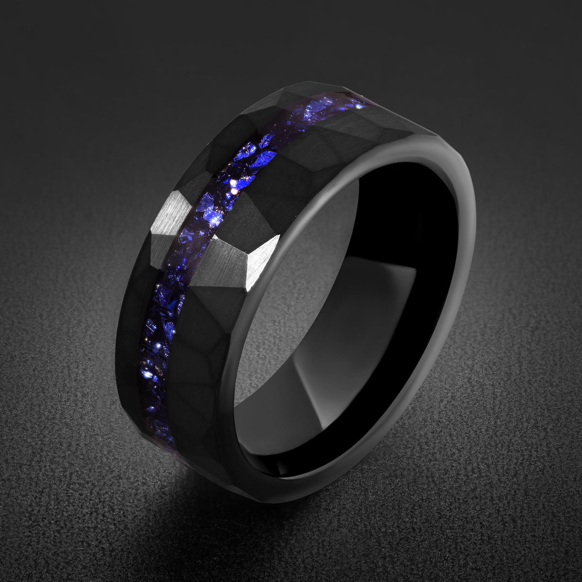 Black Sapphire Tungsten Ring | 8mm Hammered Mens Wedding Band ~ Sapphire Tungsten Carbide Ring - Black Sapphire Statement Jew