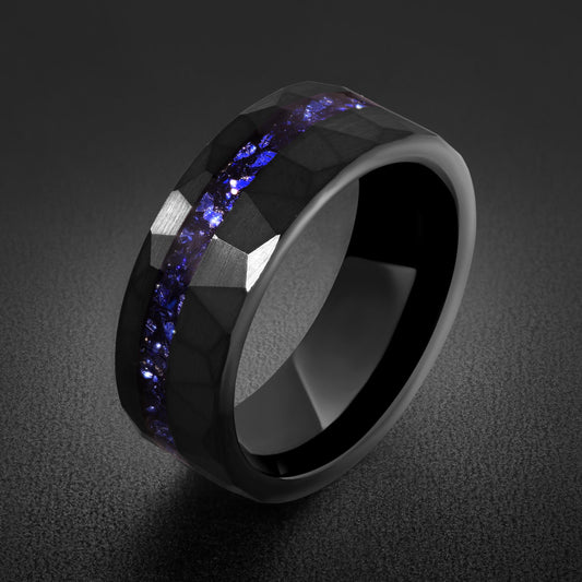 Black Sapphire Tungsten Ring | 8mm Hammered Mens Wedding Band ~ Sapphire Tungsten Carbide Ring - Black Sapphire Statement Jew