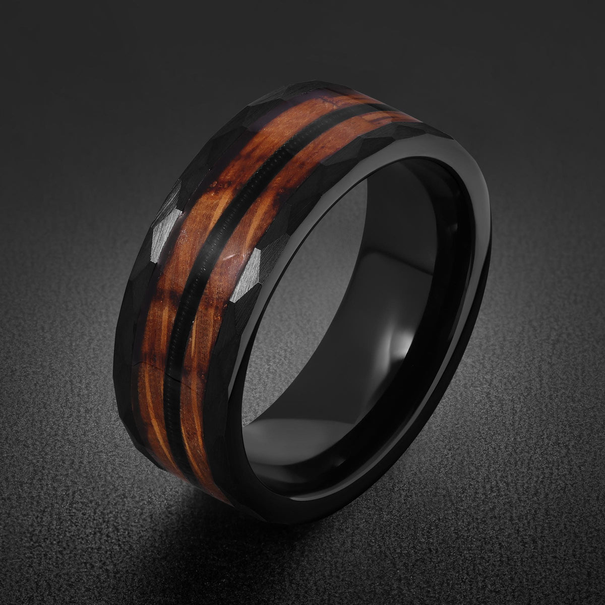 Hammered Tungsten Ring with Charred Whiskey Barrel Wood Guitar String Inlay | Durable Handmade Men Wedding Band ~ Music Lover