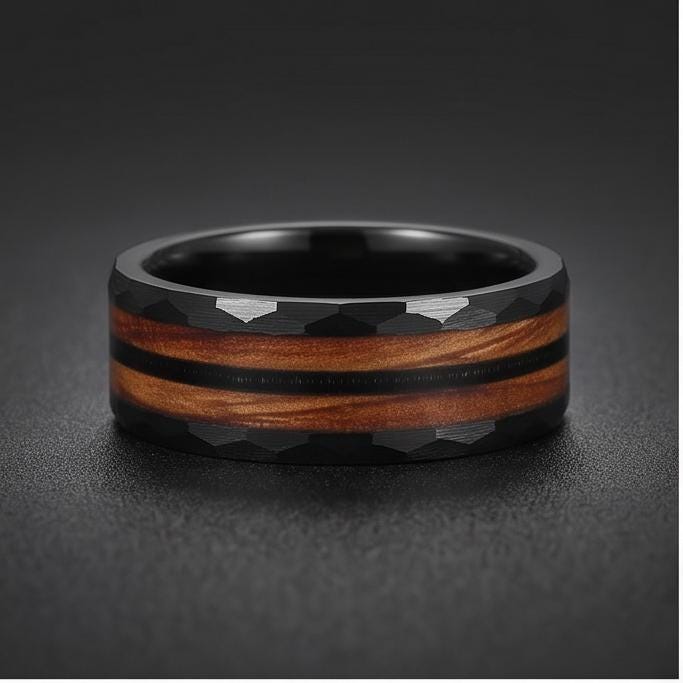 Hammered Tungsten Ring with Charred Whiskey Barrel Wood Guitar String Inlay | Durable Handmade Men Wedding Band ~ Music Lover