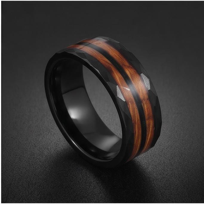 Hammered Tungsten Ring with Charred Whiskey Barrel Wood Guitar String Inlay | Durable Handmade Men Wedding Band ~ Music Lover