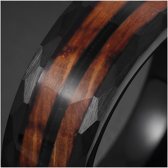 Hammered Tungsten Ring with Charred Whiskey Barrel Wood Guitar String Inlay | Durable Handmade Men Wedding Band ~ Music Lover