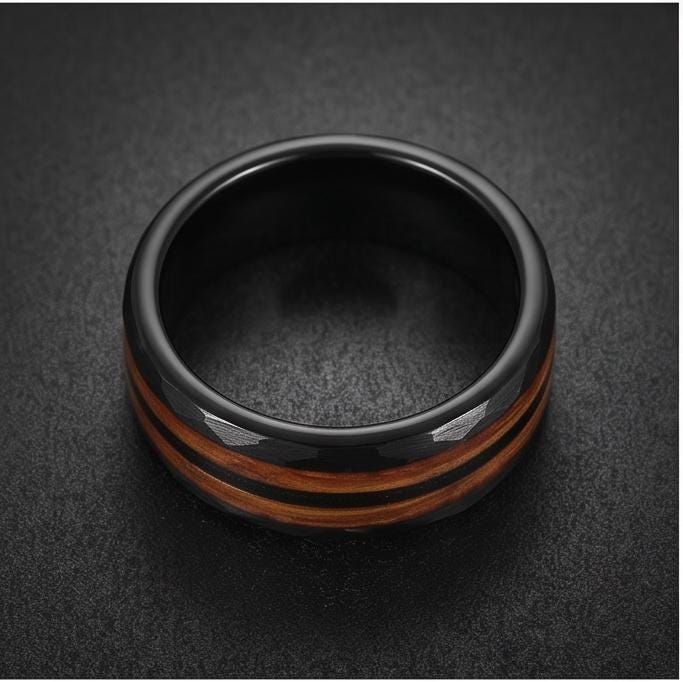 Hammered Tungsten Ring with Charred Whiskey Barrel Wood Guitar String Inlay | Durable Handmade Men Wedding Band ~ Music Lover