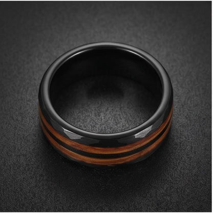 Hammered Tungsten Ring with Charred Whiskey Barrel Wood Guitar String Inlay | Durable Handmade Men Wedding Band ~ Music Lover