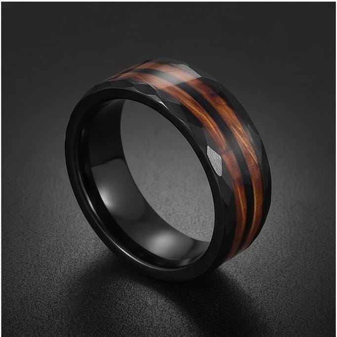 Hammered Tungsten Ring with Charred Whiskey Barrel Wood Guitar String Inlay | Durable Handmade Men Wedding Band ~ Music Lover