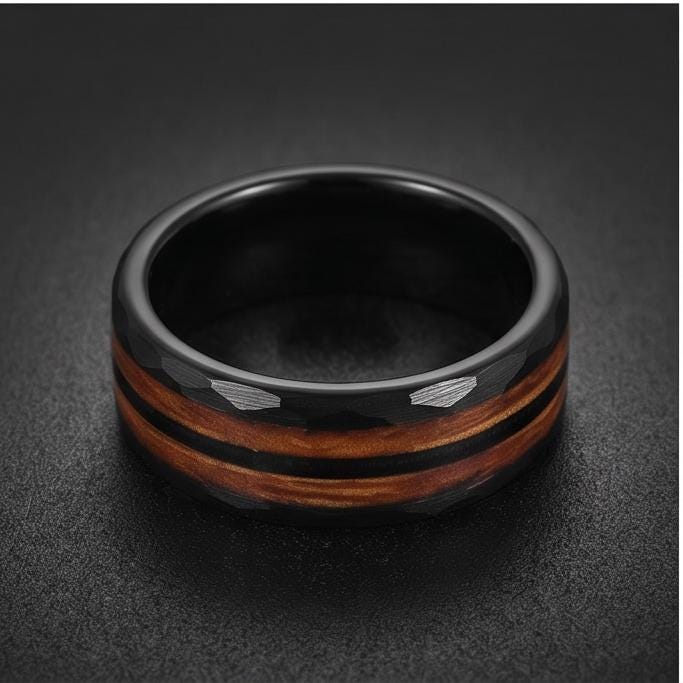 Hammered Tungsten Ring with Charred Whiskey Barrel Wood Guitar String Inlay | Durable Handmade Men Wedding Band ~ Music Lover
