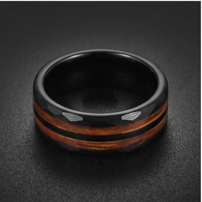 Hammered Tungsten Ring with Charred Whiskey Barrel Wood Guitar String Inlay | Durable Handmade Men Wedding Band ~ Music Lover