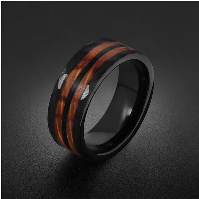 Hammered Tungsten Ring with Charred Whiskey Barrel Wood Guitar String Inlay | Durable Handmade Men Wedding Band ~ Music Lover
