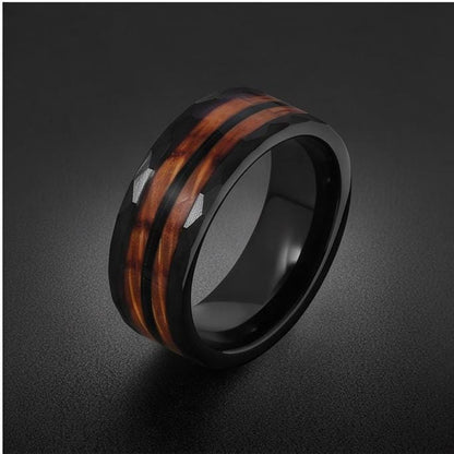 Hammered Tungsten Ring with Charred Whiskey Barrel Wood Guitar String Inlay | Durable Handmade Men Wedding Band ~ Music Lover