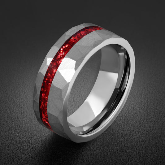 Hammered Silver Tungsten Ring With Ruby Inlay | 8mm Men Wedding Band ~ Brushed Tungsten Carbide Promise Ring - Luxury Anniver