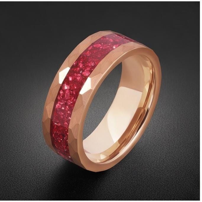 Hammered Rose Gold Ruby Ring | Handcrafted Elegant Ruby Jewelry ~ Rose Gold Statement Ring - Anniversary Birthday Gift For He