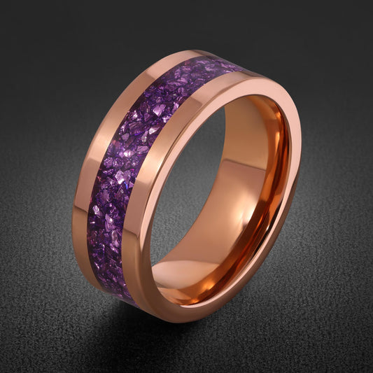 Rose Gold Tungsten Ring with Amethyst Inlay | 4mm 8mm Wedding Band for Her or Him | Anniversary Promise Gift ~ Rose Gold Wedd