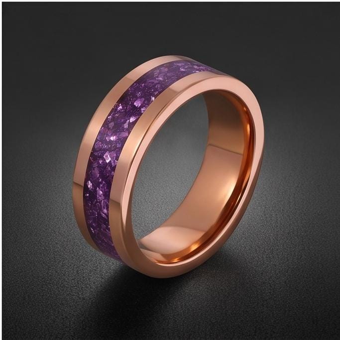 Amethyst Tungsten Ring ~ Rose Gold Wedding Band (4mm & 8mm Width) ~ Purple Gemstone Statement Jewelry ~ Unique Anniversary Gi