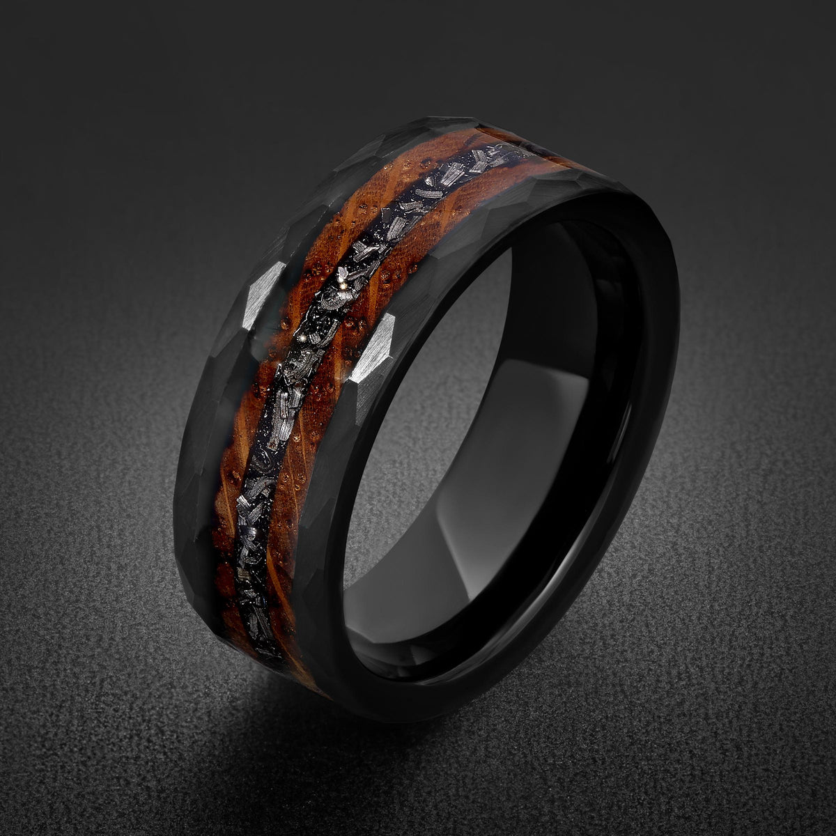 Charred Whiskey Barrel & Meteorite Ring, Hammered Black Tungsten Ring, Black Wedding Ring, Mens Wedding Band, Mens Ring, Anni