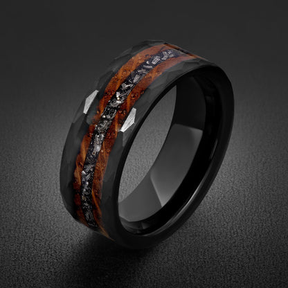 Charred Whiskey Barrel & Meteorite Ring, Hammered Black Tungsten Ring, Black Wedding Ring, Mens Wedding Band, Mens Ring, Anni