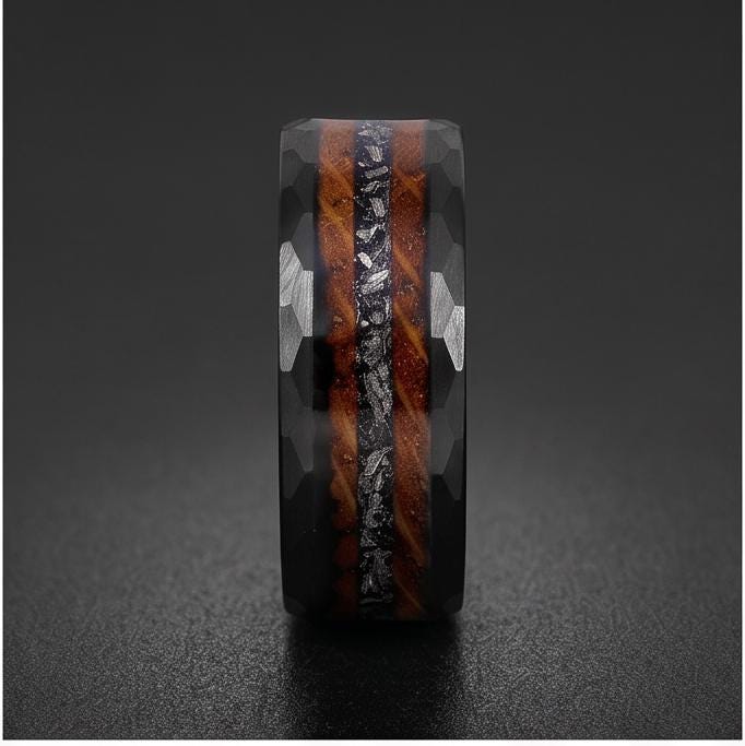 Charred Whiskey Barrel & Meteorite Ring, Hammered Black Tungsten Ring, Black Wedding Ring, Mens Wedding Band, Mens Ring, Anni