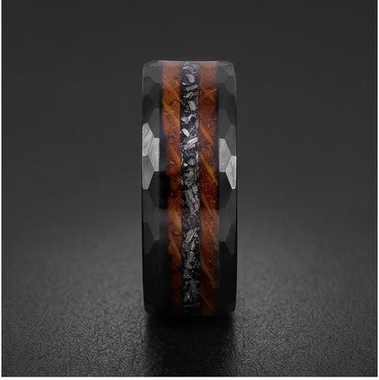Charred Whiskey Barrel & Meteorite Ring, Hammered Black Tungsten Ring, Black Wedding Ring, Mens Wedding Band, Mens Ring, Anni
