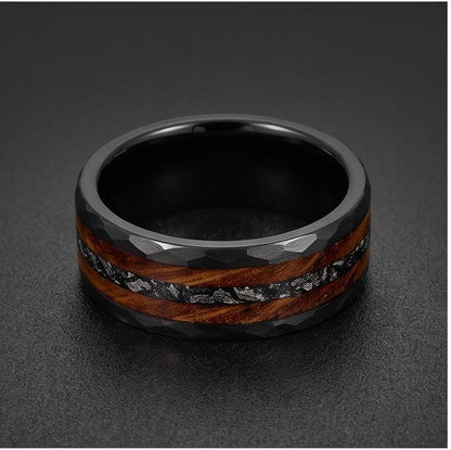 Charred Whiskey Barrel & Meteorite Ring, Hammered Black Tungsten Ring, Black Wedding Ring, Mens Wedding Band, Mens Ring, Anni