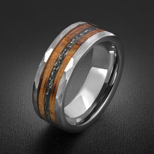 Charred Whiskey Barrel & Meteorite Ring, Hammered Silver Tungsten Ring, Silver Wedding Ring, Mens Wedding Band, Mens Ring, An