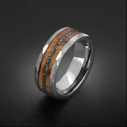 Charred Whiskey Barrel & Meteorite Ring, Hammered Silver Tungsten Ring, Silver Wedding Ring, Mens Wedding Band, Mens Ring, An