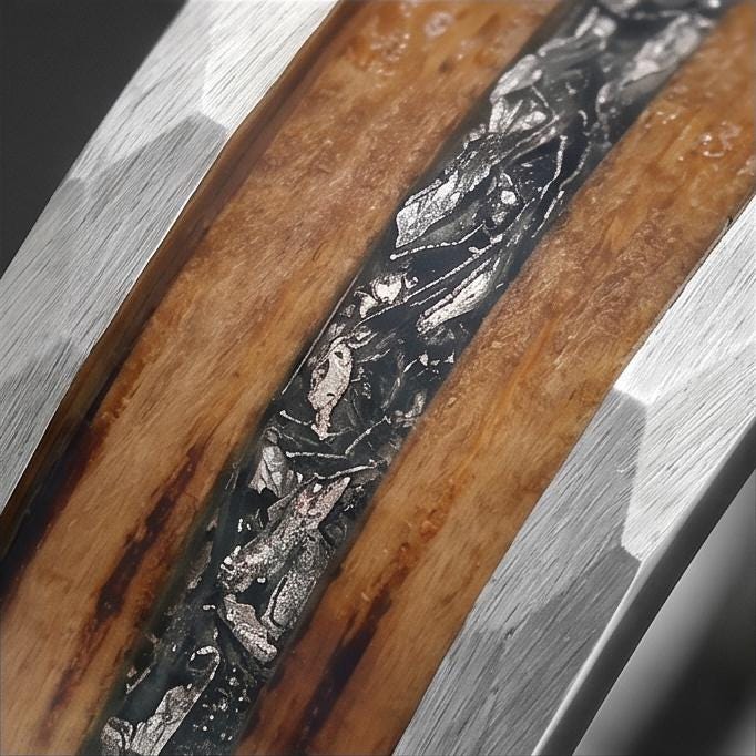 Charred Whiskey Barrel & Meteorite Ring, Hammered Silver Tungsten Ring, Silver Wedding Ring, Mens Wedding Band, Mens Ring, An