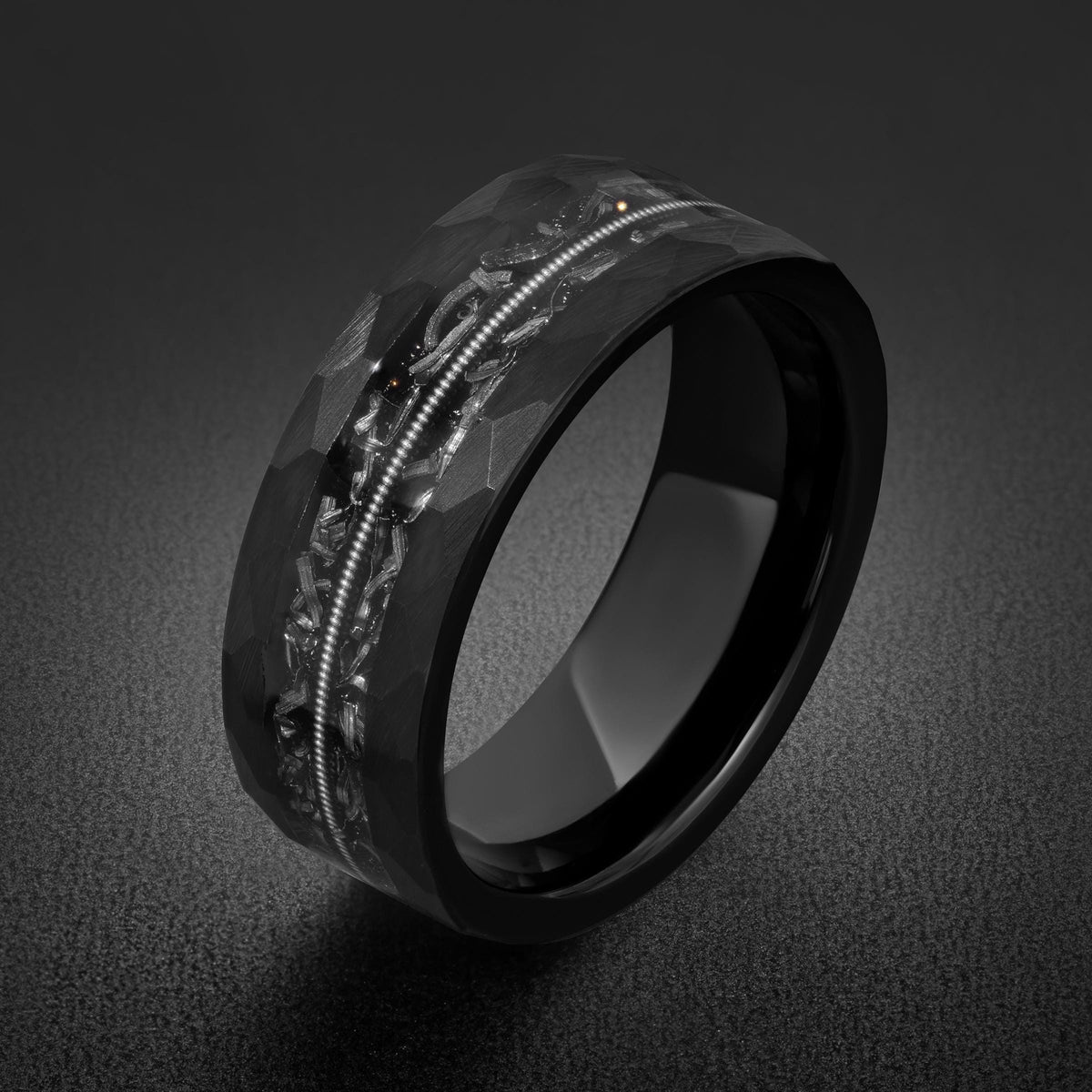 Men Black Hammered Tungsten Carbide Ring with Meteorite & Guitar String | 8mm Wedding Band for Musician | Anniversary Engagem