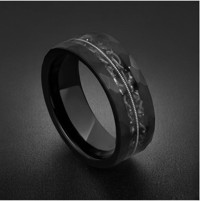 Men Black Hammered Tungsten Carbide Ring with Meteorite & Guitar String | 8mm Wedding Band for Musician | Anniversary Engagem