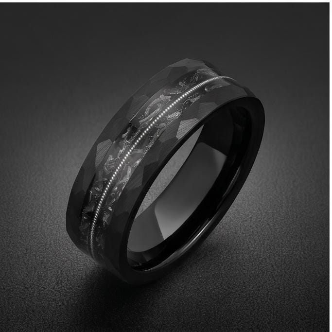 Men Black Hammered Tungsten Carbide Ring with Meteorite & Guitar String | 8mm Wedding Band for Musician | Anniversary Engagem
