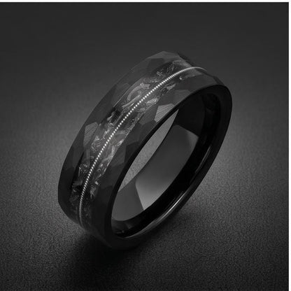 Men Black Hammered Tungsten Carbide Ring with Meteorite & Guitar String | 8mm Wedding Band for Musician | Anniversary Engagem