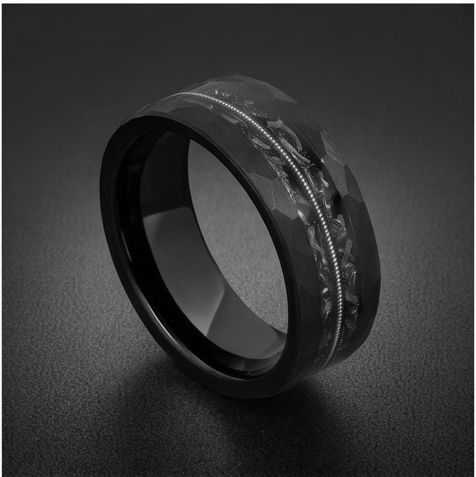 Men Black Hammered Tungsten Carbide Ring with Meteorite & Guitar String | 8mm Wedding Band for Musician | Anniversary Engagem
