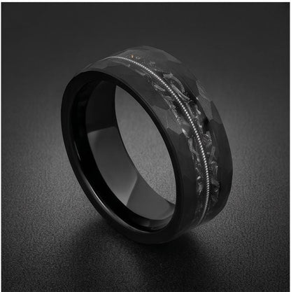 Men Black Hammered Tungsten Carbide Ring with Meteorite & Guitar String | 8mm Wedding Band for Musician | Anniversary Engagem