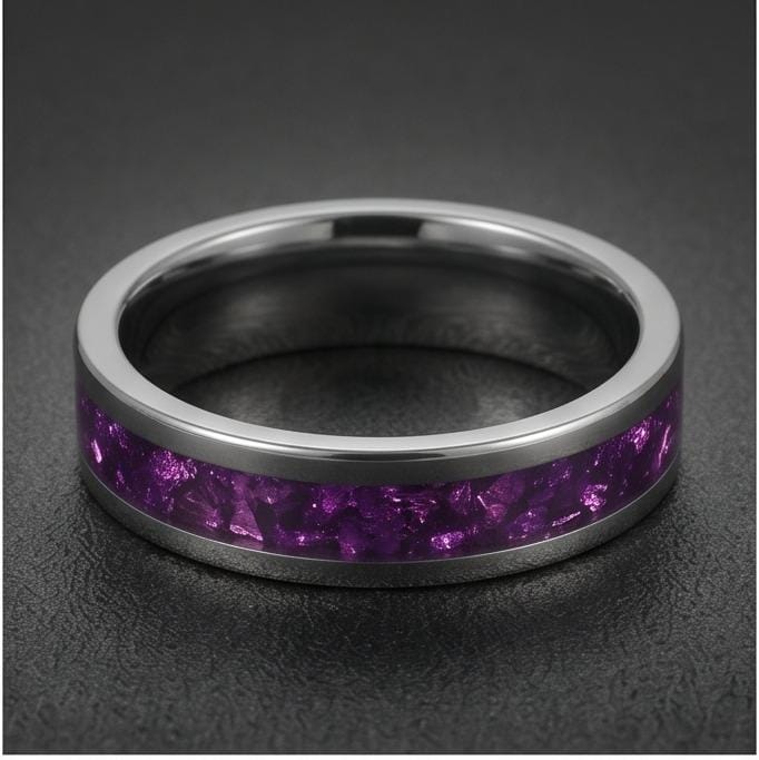 Silver Tungsten Carbide Purple Wedding Band with Amethyst ~ Purple Wedding Ring for Her or Him ~ Statement Jewelry ~ Amethyst