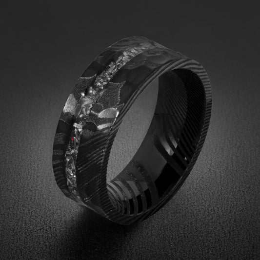 Meteorite Ring, Hammered Damascus Ring, Hammered Black Ring, Black Wedding Ring, Mens Wedding Band, Anniversary Ring, 8mm Rin