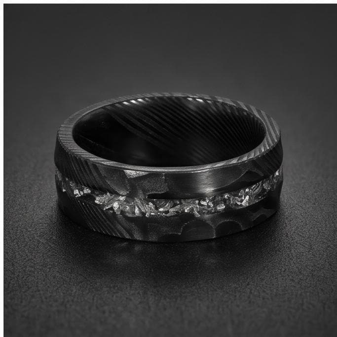 Meteorite Ring, Hammered Damascus Ring, Hammered Black Ring, Black Wedding Ring, Mens Wedding Band, Anniversary Ring, 8mm Rin