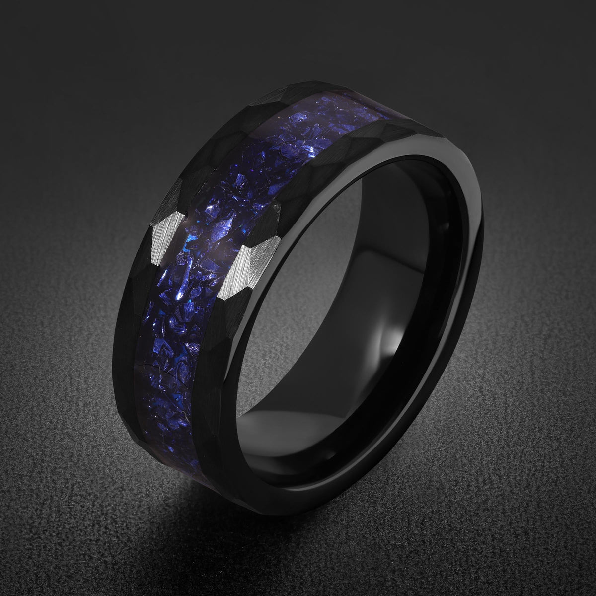 Sapphire Hammered Black Tungsten Ring for Men ~ Mens Wedding Band ~ Thick Dark Ring ~ Steampunk Jewelry ~ Promise Ring for He