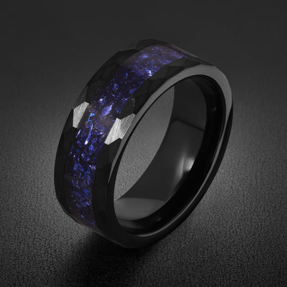 Sapphire Hammered Black Tungsten Ring for Men ~ Mens Wedding Band ~ Thick Dark Ring ~ Steampunk Jewelry ~ Promise Ring for He