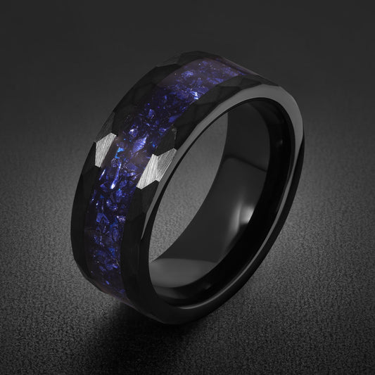 Sapphire Hammered Black Tungsten Ring for Men ~ Mens Wedding Band ~ Thick Dark Ring ~ Steampunk Jewelry ~ Promise Ring for He