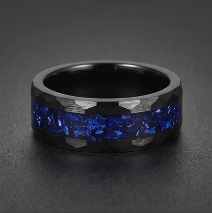 Sapphire Hammered Black Tungsten Ring for Men ~ Mens Wedding Band ~ Thick Dark Ring ~ Steampunk Jewelry ~ Promise Ring for He