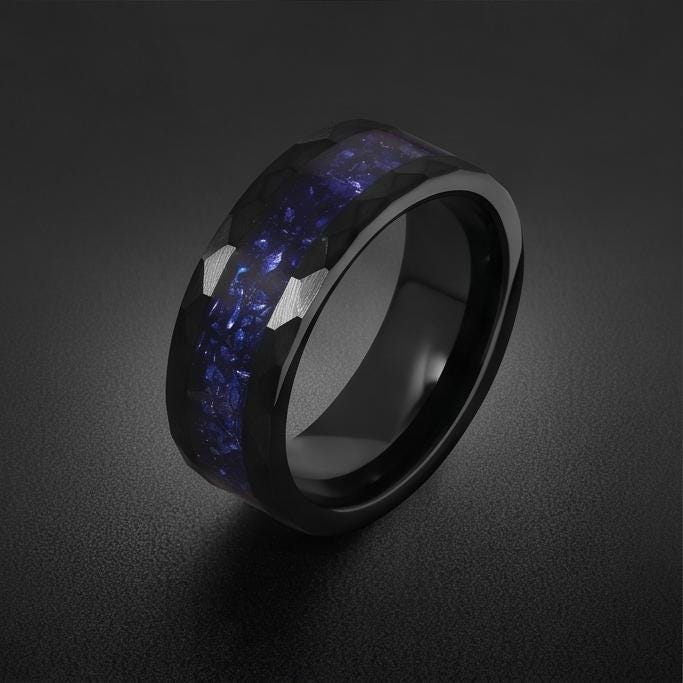 Sapphire Hammered Black Tungsten Ring for Men ~ Mens Wedding Band ~ Thick Dark Ring ~ Steampunk Jewelry ~ Promise Ring for He