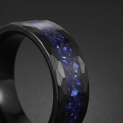 Sapphire Hammered Black Tungsten Ring for Men ~ Mens Wedding Band ~ Thick Dark Ring ~ Steampunk Jewelry ~ Promise Ring for He