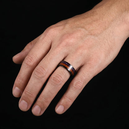 Black Tungsten Ring with Amethyst and Hawaiian Koa Wood Inlay (8mm Band) ~ Scratch Resistant Tungsten Carbide Ring ~ Unique B